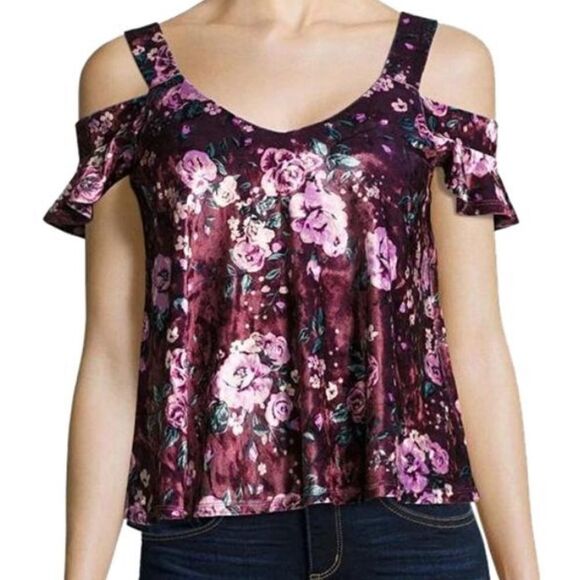 ✨Self Esteem Crushed Velvet Floral Millennial Cold ShoulderTop✨ - Picture 1 of 11